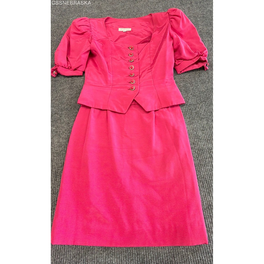 Victor‎ Costa Women's Vintage 80s 2-Piece Skirt Suit Pink Puff Sleeve Jewel